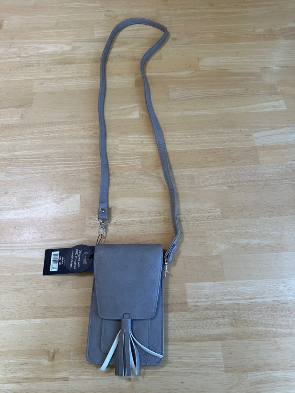 K. Carroll RFID gray Faux-Leather Crossbody Phone Bag with Tassel Detail, NWT